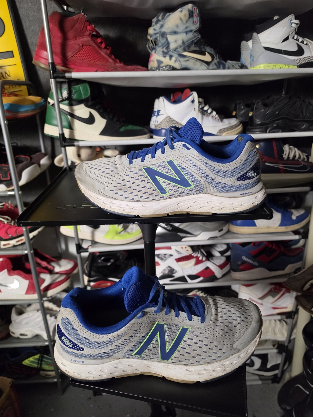 🔥 New Balance 680 Men Size 14 Gray and Blue Men's Running Sneakers Green Trim